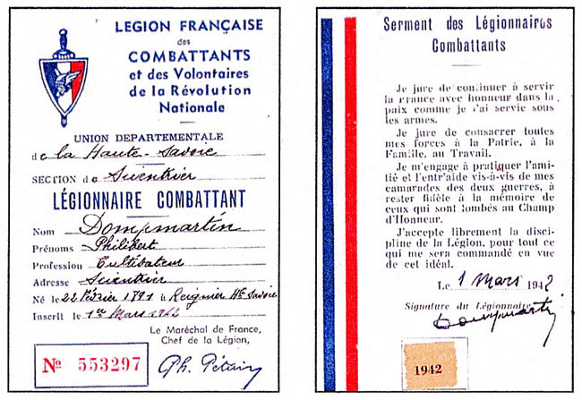 Carte de membre de la Légion Française des Combattants et des Volontaires de la Révolution Nationale