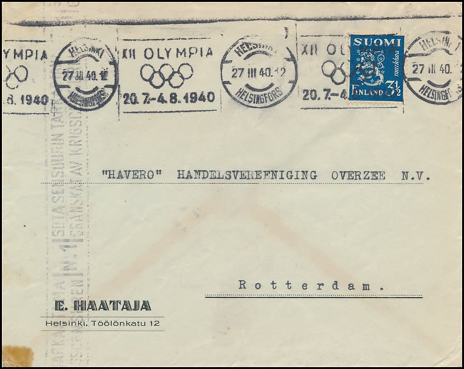 Oblitération mécanique finlandaise annonçant des jeux olympiques en 1940