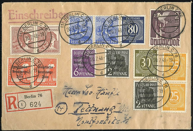 Berlin-Est affranchissement au décuole et timbres surchargés