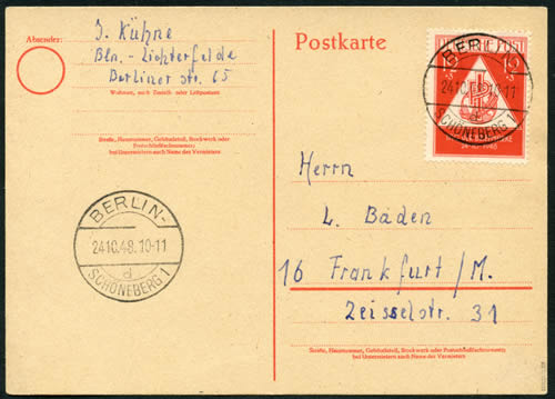 Cp de Berlin-Ouest vers la Bizone affranhie avec un timbre de la zone soviétique