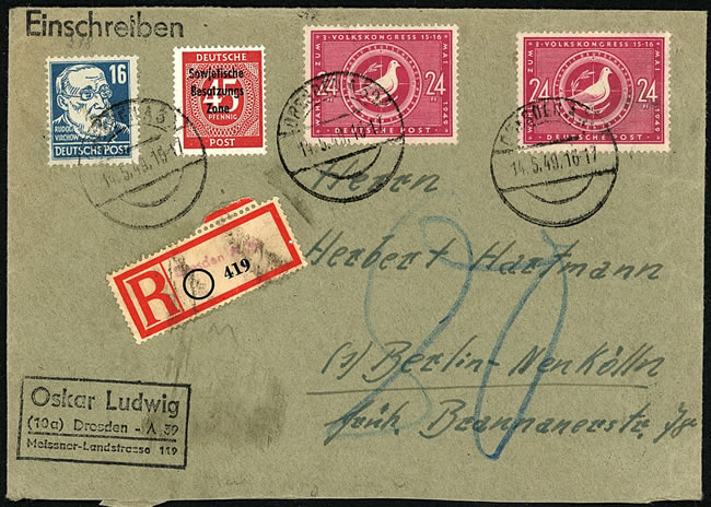 Lettre de Dresde pour Berlin Ouest taxée à l'arrivée  14/5/49