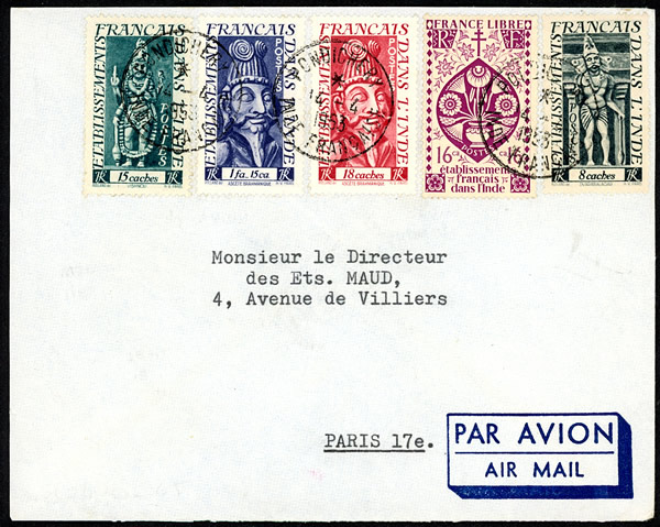 Lettre de Pondichery pour Paris au tarif exact avec cachet nde Française en toutes lettres