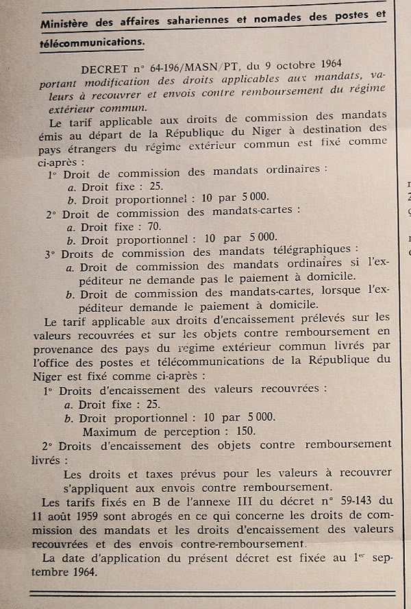 Tarifs postaux des mandats au départ du Niger dans le régime de la Communauté 1er septembre 1964