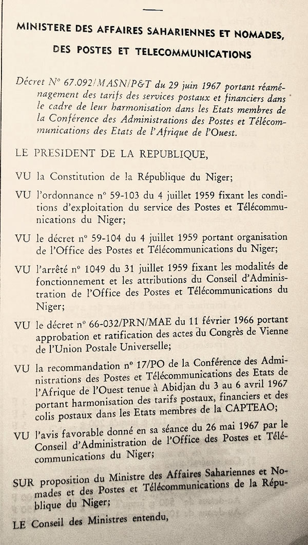 Tarifs postaux du Niger  régimes intérieur et extériuer commun et régime international 1er juillet 1967