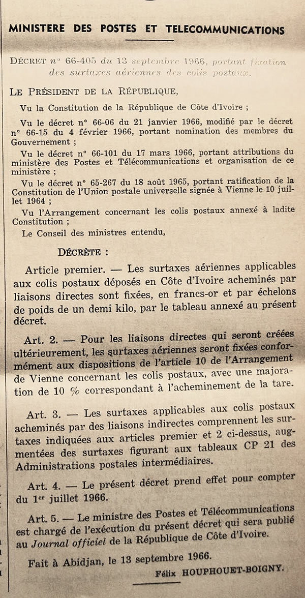 surtaxes aériennes pour colis postaux en Côte d'Ivoire 1er juillet 1966