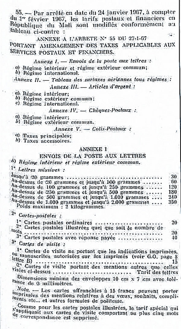 tarifs postaux du  mali régimes intérieur, étendu, international et surtaxes postales aériennes 1er février 1967