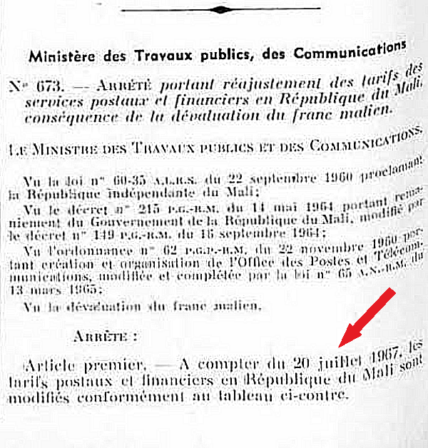 tarifs postaux du mali régimes interieur, international et étendu20 juillet 1967