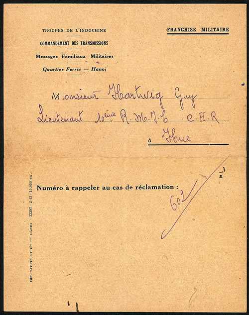 Message militare transmis par radio de Vichy pour Hué 1943