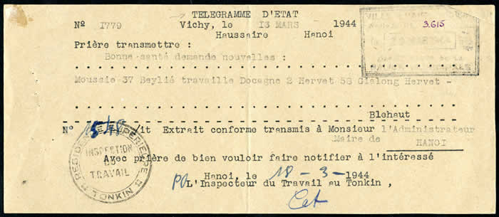 Télégramme d'Etat reçu à Hanoi