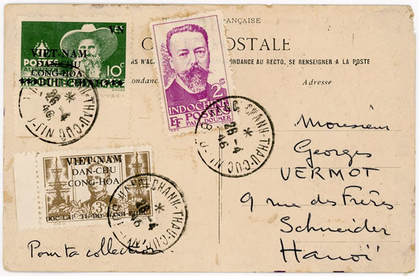 CP d'avril 1946 avec deux timbres surchargés