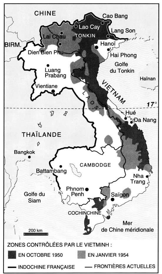 Zones controlées par le Vietminh en 1950 et en 1954