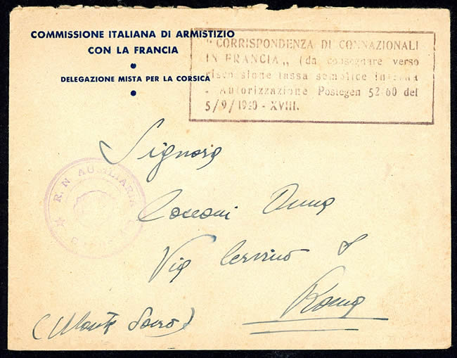 Commission d'armistice en Corse absence de timbres italiens