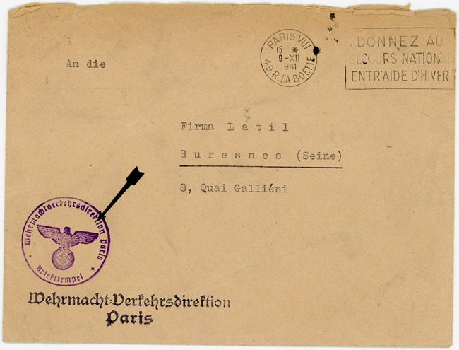Lettre avec cachet de la Direction de la Circulation de la Wehrmacht à paris
