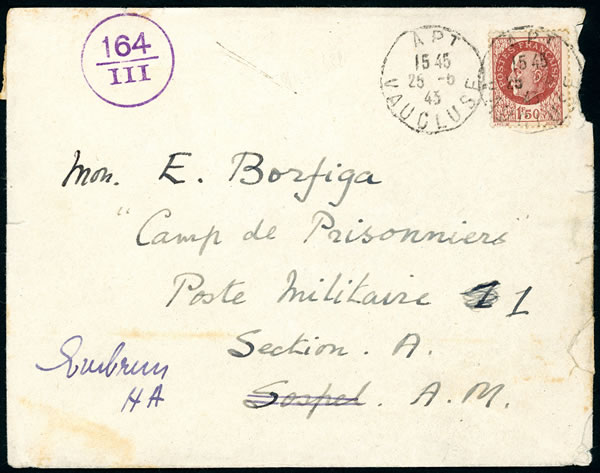 Lettre pour un prisonnier au camp de Sospel réexpédié à Embrun 