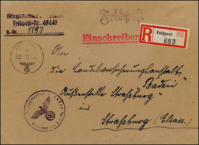 Lettre recommandée de la Kriegsmarine de La Pallice pour Strasbourg  avril 1944