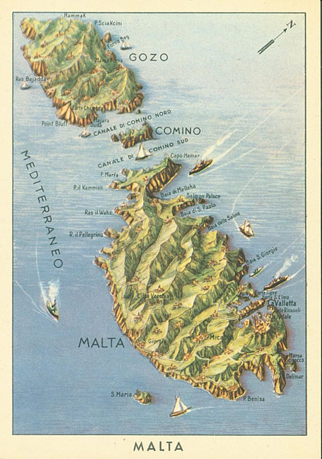 Carte postale italienne montrant l'île de Malte que Mussolini convoitait