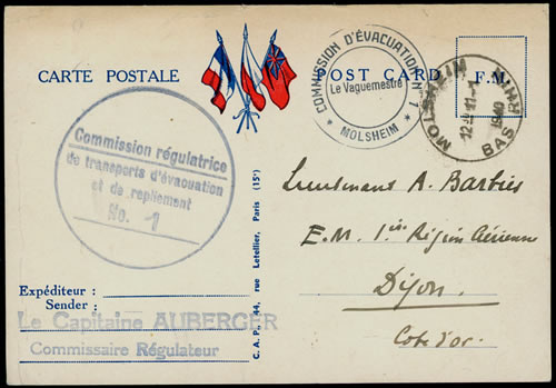 Carte postale de la Commission d'évacuation des Alsaciens de Molsheim 1940