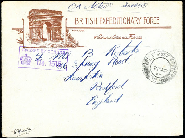 Lettre pour l'Angleterre d'un soldat britannique de la BEF en France avril 1940