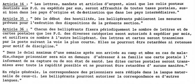 Dispositions des conventions internationales sur les Prisonniers de Guerre relatives au courrier.