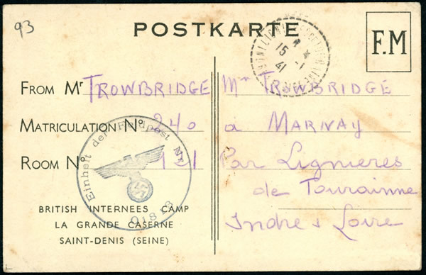 Carte de Noel d'un detenu britannique à la Caserne de Saint-Denis