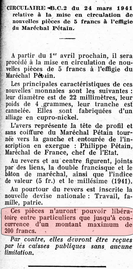 Note sur la validité des pièces 5F Pétain
