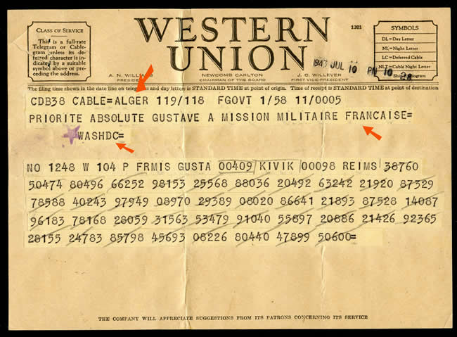 Message codé d'Alger vers washington via Western Union