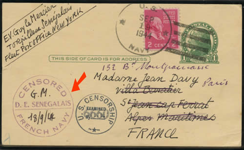 carte postale du DE Sénégalais avec censure française