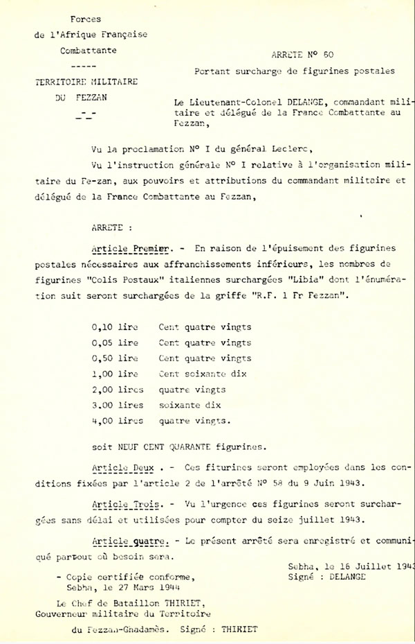 Reproduction du texte de l'arrêté No 60 concernant l'emission de timbres du Fezzan