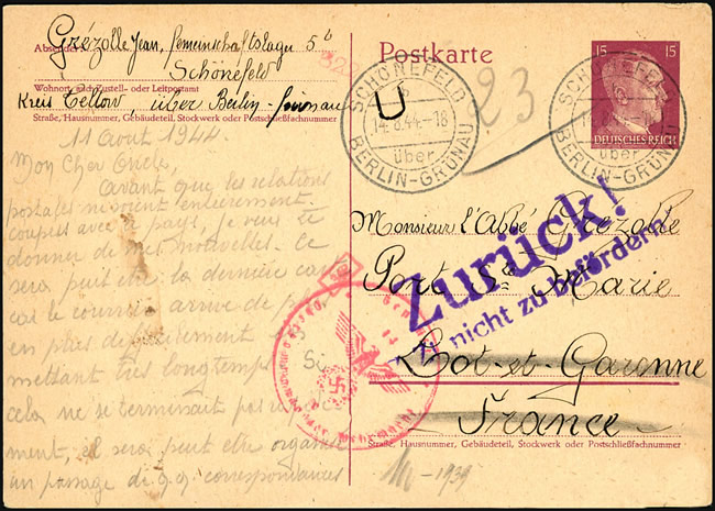 Entier postal d'un ouvrier du STO à Berlin pour le Lot-et-Garonne, retournée à l'envoyeur aout 1944