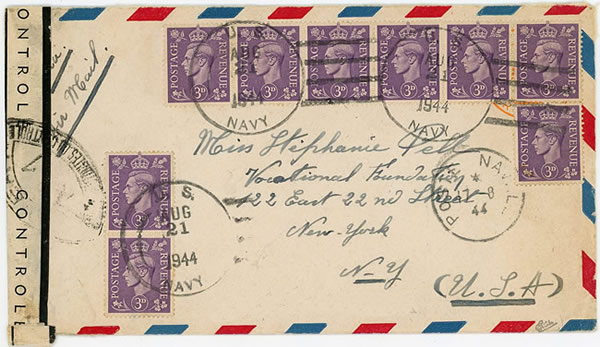 Lettre d'un marin français du débarquement de Provence affranchie en timbres britanniques et oblitérés de la poste US 1944