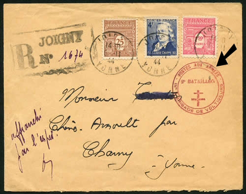 lettre FFI passée par la Poste-aux-Armées dans l'Yonne