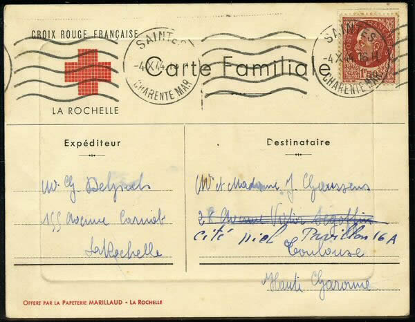 Carte Croix-Rouge de La Rochelle pour Toulouse via Saintes