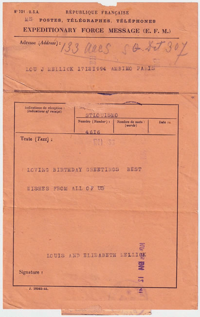 Télégramme codé US reçu en France