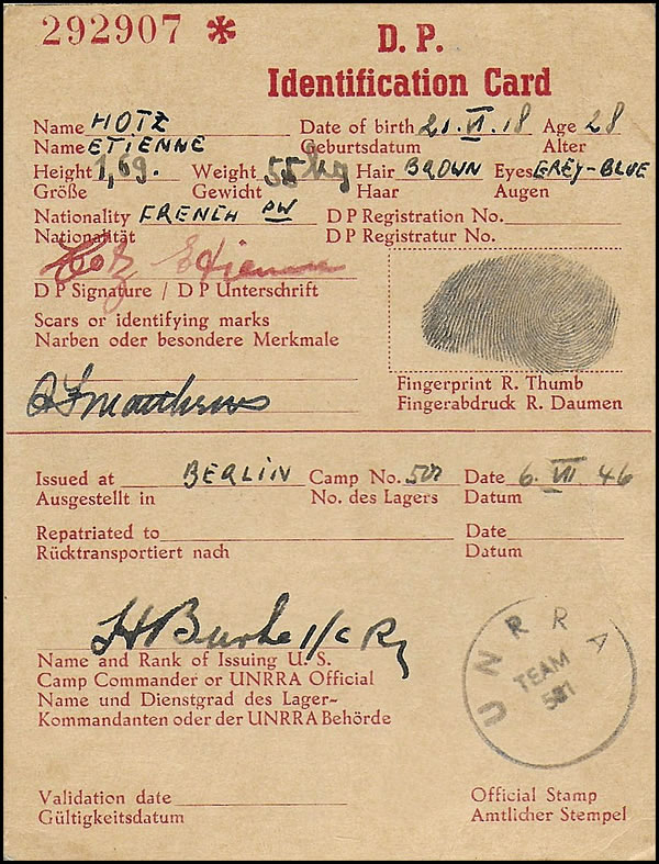 Carte d'identité  interne d'un Français encore déplacé en juin 1946
