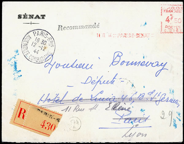 EMA PARIS 6 SENAT sur lettre recommandée décembre 1944