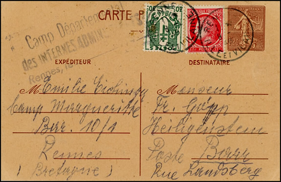 Entier carte postale Semeuse 1F20 avec cachet internés administratifs de Rennes