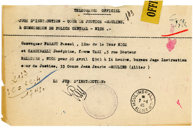 Télégramme officiel de la cour de justice  de Moulins pour Nice