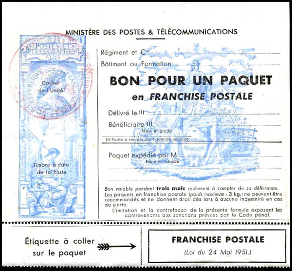 Bon pour un paquet en franchise postale  loi du 24 mai 1951