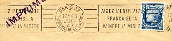 Oblitération mécanique entr'aide française 1947