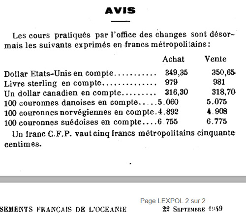 Taux de change après la dévaluation de septembre 1949