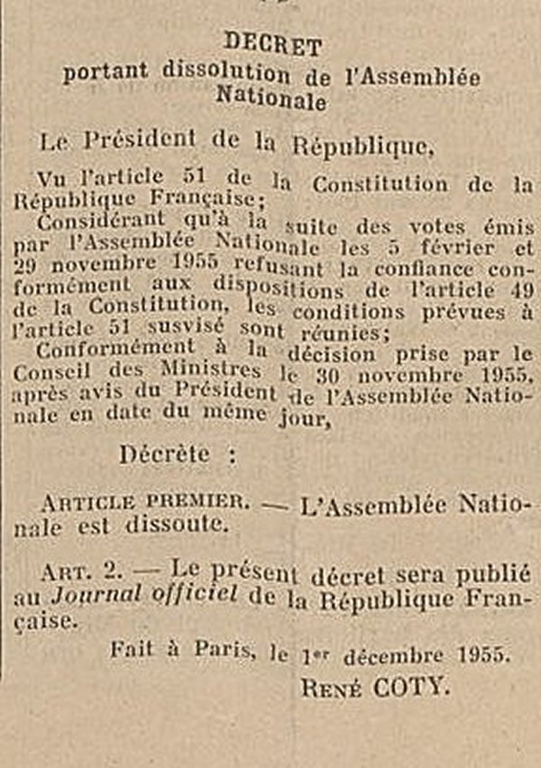 Décret de dissolution de l'Assemblée Nationale 1955