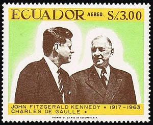 Timbre d'Equateur montrant le général de gaulle avec le Président Kennedy