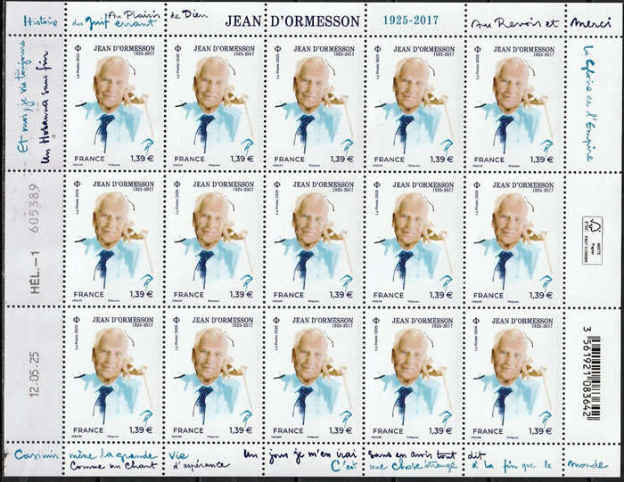 Feuillet du timbre Jean d'Ormesson avec sur les marges les titres de ses principaux romans.
