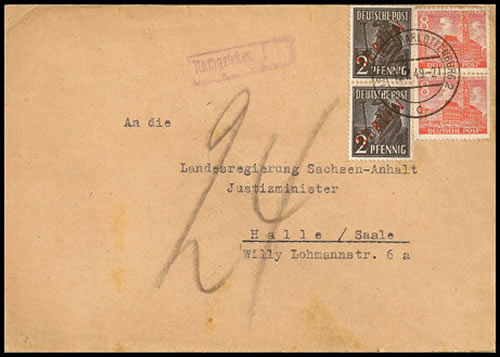 Lettre de Berlin-Ouest pour Halle affranchie en timbre de l'Ouest et taxée
