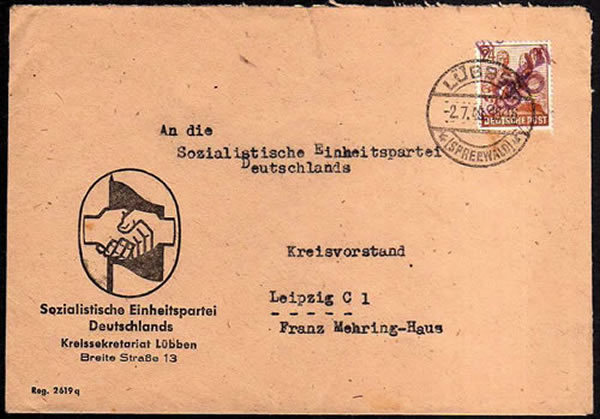 Lettre officielle du SED avec affranchissement  avec un timbre surchargé du Bezirk 2/7/48