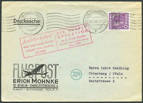 Blocus de Berlin lettre indicant qu'il n'y a plus de surtaxe aérienne