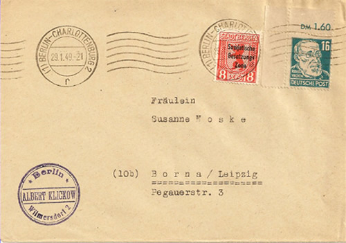 Lettre de Berlin-Ouest affranchie en timbres de l'Est pour Leipzig 29-1-49