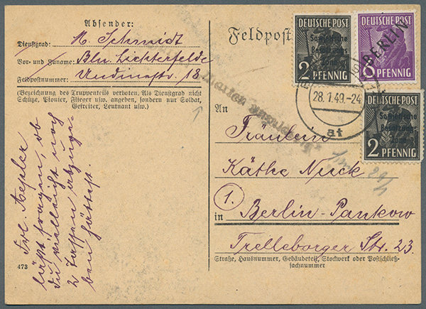 Carte postale avec affranchissement mixte 28/1/49 refoulée Berlin ESt