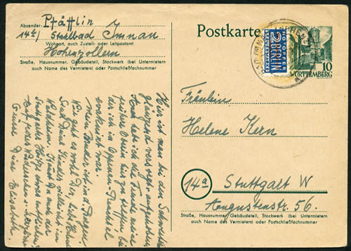 Entier postal du Würtemberg avec surtaxe pour la reconstruction
