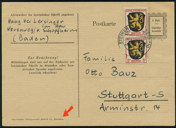 Entier carte postale imprimé à Konstanz à 6Rpf avec complément d'affranchissement